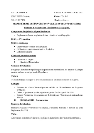 Première page de Histoire-Géographie Tle A1, Tle A2, Tle B — Devoir surveillé, 2e semestre (2020-2021) · CEG LE NOKOUE