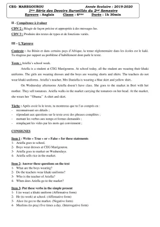 Première page de Anglais 6e — 1er devoir surveillé, 2e semestre (2019-2020) · CEG MAREGOUROU