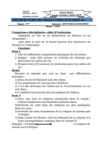 Première page de Histoire-Géographie 6e, 5e, 4e, 4e ML, 3e, 3e ML, 2nde A, 2nde C, 2nde D, 1ère A, 1ère C, 1ère D, Tle A, Tle C, Tle D — 1re production scolaire (2018-2019) · CEG Bopa