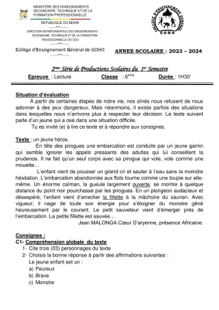 Première page de Français 6e — 2e production scolaire, 1er semestre (2023-2024) · CEG GOHO