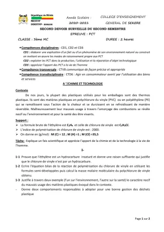 Première page de PCT 3e — 2e devoir surveillé, 2e semestre (2020-2021) · CEG SEKERE