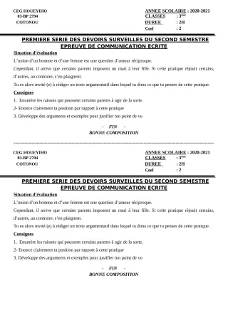 Première page de Français 3e, 3e ML — 1er devoir surveillé, 2e semestre (2020-2021) · CEG HOUEYIHO