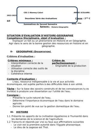 Première page de Histoire-Géographie 2nde C — 2e évaluation sommative, 2e semestre (2022-2023) · CEG2 ABOMEY - CALAVI (CEG ZOCA)