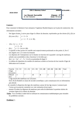 Première page de Mathématiques 2nde C — 1er devoir surveillé, 2e semestre (2018-2019) · CEG2 ABOMEY - CALAVI (CEG ZOCA)