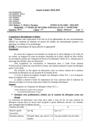 Première page de PCT 3e — 2e devoir surveillé, 1er semestre (2018-2019) · CEG Albarika