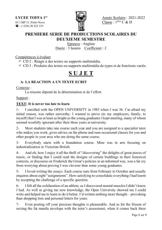 Première page de Anglais 1ère C, 1ère D — 1re production scolaire, 2e semestre (2021-2022) · Lycée Toffa 1er