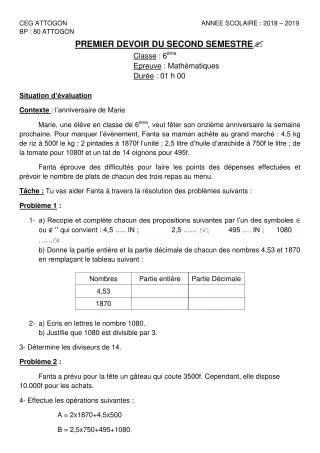 Première page de Mathématiques 6e — 1er devoir surveillé, 2e semestre (2018-2019) · CEG Attogon