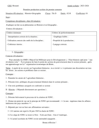 Première page de Histoire-Géographie Tle D — 1re production scolaire (2023-2024) · CEG - BOUANRI