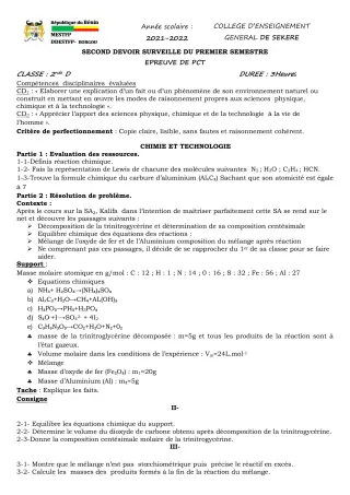 Première page de PCT 2nde D — 2e devoir surveillé, 1er semestre (2021-2022) · CEG SEKERE