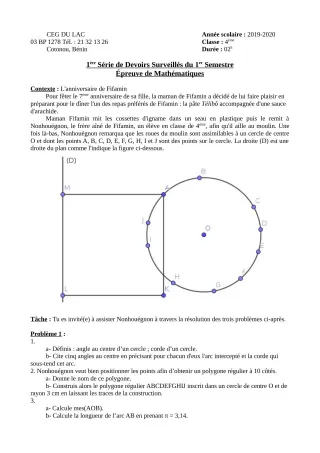 Première page de Mathématiques 4e, 4e ML — 1er devoir surveillé, 1er semestre (2019-2020) · CEG du Lac