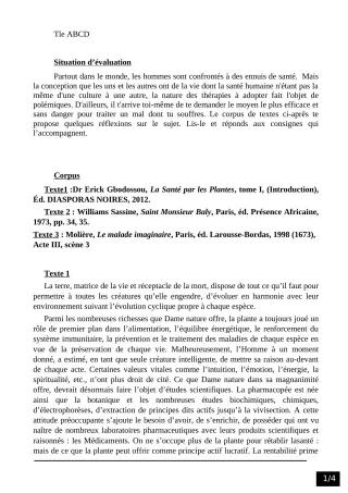 Première page de Devoir surveillé de FRANCAIS — Tle A2, Tle C, Tle D — CEG Yagbe (2023)