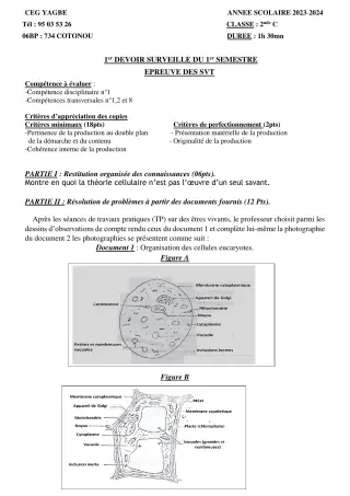 Première page de SVT 2nde C — 1er devoir surveillé, 1er semestre (2023-2024) · CEG Yagbe