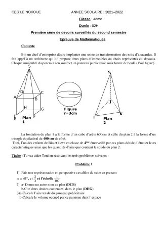 Première page de Mathématiques 4e — 1er devoir surveillé, 2e semestre (2021-2022) · CEG LE NOKOUE