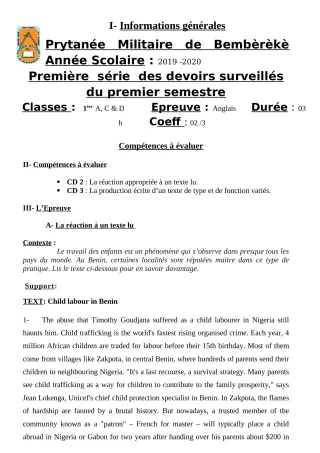 Première page de Anglais 1ère A1, 1ère C, 1ère D — 1er devoir surveillé, 1er semestre (2019-2020) · PMB