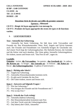 Première page de Allemand 4e — 2e devoir surveillé, 1er semestre (2020-2021) · CEG L'Entente