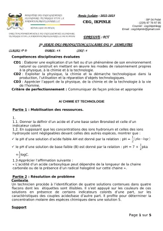 Première page de PCT Tle D — 1re production scolaire, 1er semestre (2022-2023) · CEG1 Ikpinlè