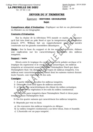 Première page de Histoire-Géographie 5e — Devoir surveillé, 3e trimestre (2019-2020) · CEPG La Prunelle de Dieu