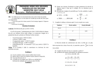 Première page de Mathématiques 6e — 1er devoir surveillé, 2e semestre (2017-2018) · CEG1 Covè