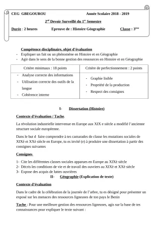 Première page de Histoire-Géographie 3e, 3e ML — 2e devoir surveillé, 1er semestre (2018-2019) · CEG Gbegourou