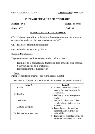 Première page de SVT 6e — 1er devoir surveillé, 1er semestre (2018-2019) · CEG TOUMBOUTOU