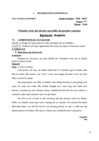 Première page de Anglais 5e — 1er devoir surveillé, 1er semestre (2018-2019) · CEG Agassa Godomey
