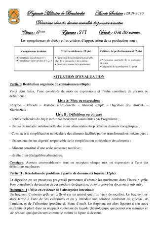 Première page de SVT 6e — 2e devoir surveillé, 1er semestre (2019-2020) · PMB