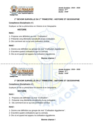 Première page de Histoire-Géographie 5e — 1er devoir surveillé, 1er trimestre (2019-2020) · CPEG LE PHARAON