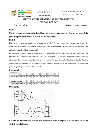 Première page de SVT Tle A2 — 2e devoir surveillé, 2e semestre (2020-2021) · CEG SEKERE