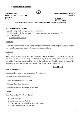 Première page de Anglais 6e — 1er devoir surveillé, 1er semestre (2020-2021) · CEG SURU-LERE