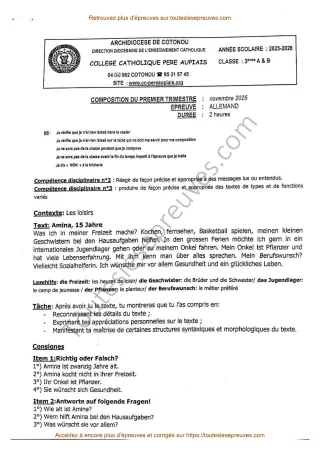 Première page de Allemand 3ème – Composition du 1er trimestre 2025-2026 – Compréhension et production écrite sur les loisirs – Collège Catholique Père Aupiais