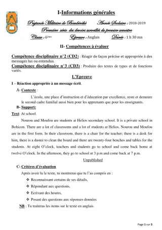 Première page de Anglais 6e — 1er devoir surveillé, 1er semestre (2018-2019) · PMB
