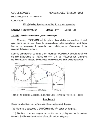 Première page de Mathématiques 4e, 4e ML — 1er devoir surveillé, 1er semestre (2020-2021) · CEG LE NOKOUE