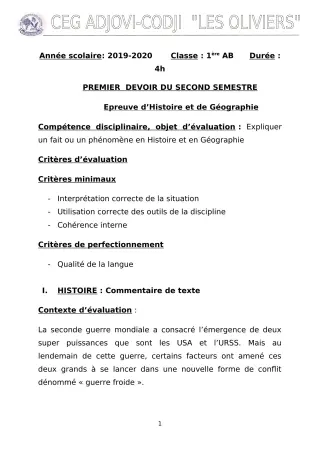 Première page de Histoire-Géographie 1ère B — 1er devoir surveillé, 2e semestre (2019-2020) · CEG ADJOVICODJI 'LES OLIVIERS'