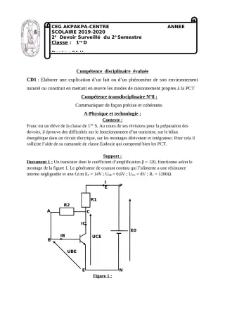Première page de PCT 1ère D — 2e devoir surveillé, 2e semestre (2019-2020) · CEG 1 Akpakpa-Centre