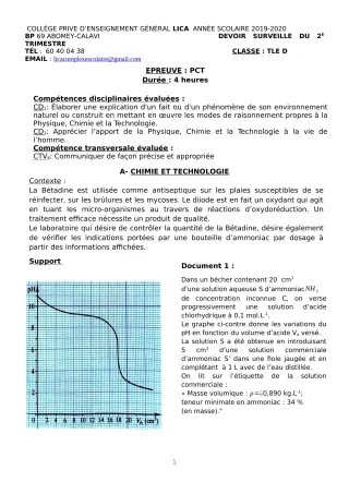 Première page de PCT Tle C, Tle D — 1er devoir surveillé (2019-2020) · CPEG LICA
