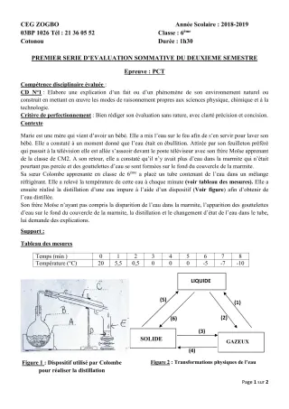 Première page de PCT 6e — Évaluation sommative, 2e semestre (2018-2019) · CEG ZOGBO