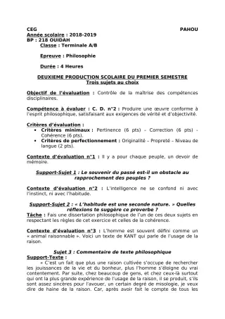 Première page de Philosophie Tle A1, Tle A2, Tle B — 2e production scolaire, 1er semestre (2018-2019) · CEG PAHOU