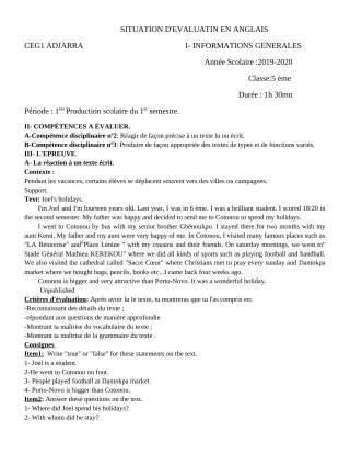 Première page de Anglais 5e — 1re production scolaire, 1er semestre (2019-2020) · CEG1 Adjarra