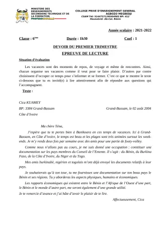 Première page de Français 6e, 5e, 4e, 4e ML, 3e, 3e ML, 2nde A2, 2nde B, 2nde D, 1ère A2, 1ère B, 1ère D, Tle A2, Tle B, Tle D — 1er devoir surveillé, 1er trimestre (2021-2022) · CPEG AGBOZO MEGBEDJI