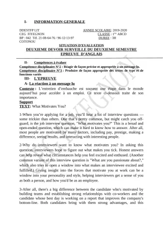 Première page de Anglais 1ère B, 1ère C, 1ère D — 2e devoir surveillé, 2e semestre (2019-2020) · CEG FIYEGNON