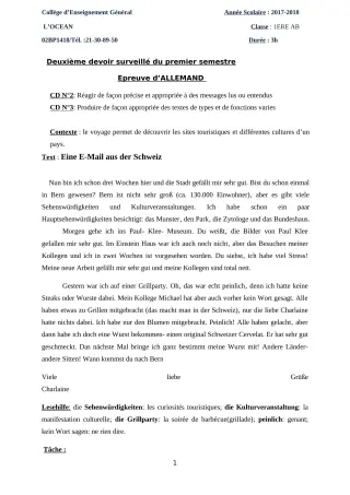 Première page de Allemand 1ère A, 1ère B — 2e devoir surveillé, 1er semestre (2017-2018) · CEG l'Océan