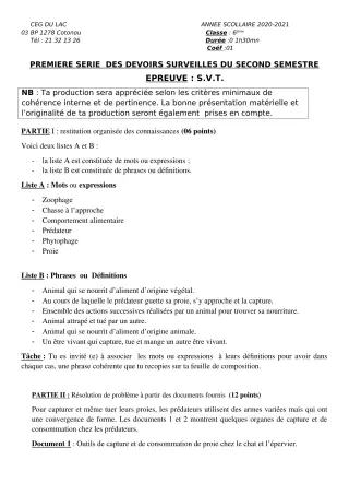 Première page de SVT 6e — 1er devoir surveillé, 2e semestre (2020-2021) · CEG du Lac