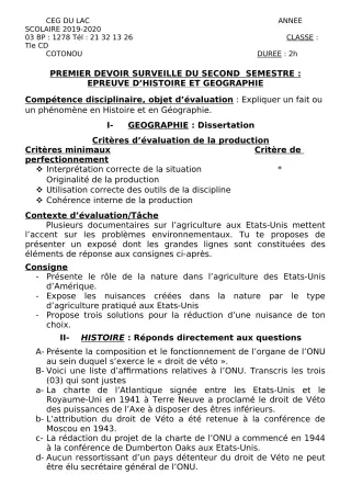 Première page de Histoire-Géographie Tle C, Tle D — 1er devoir surveillé, 2e semestre (2019-2020) · CEG du Lac