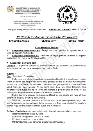 Première page de Anglais 5e — 1re production scolaire, 2e semestre (2023-2024) · CEG GOHO