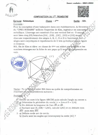 Première page de Mathématiques 4e, 4e ML — 2e composition (2021-2022) · CPEG ROSAIRE