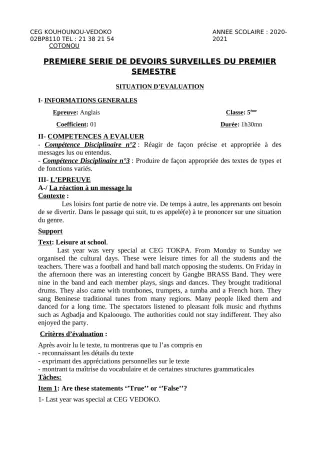 Première page de Anglais 5e — 1er devoir surveillé, 1er semestre (2020-2021) · CEG Kouhounou-Vêdoko
