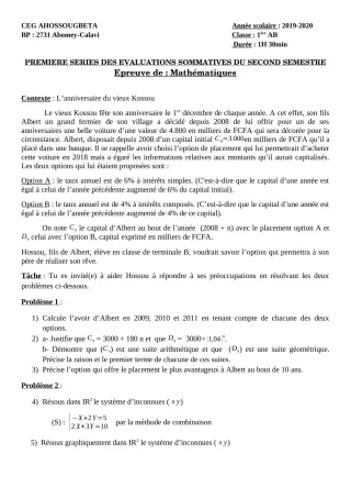 Première page de Mathématiques 1ère A2 — 1re évaluation sommative, 2e semestre (2019-2020) · CEG Ahossougbéta