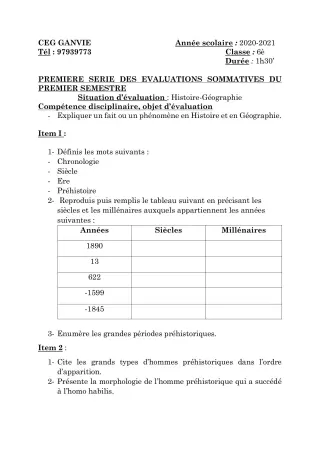 Première page de Histoire-Géographie 6e — 1re évaluation sommative, 1er semestre (2020-2021) · CEG Ganvié