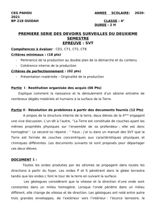 Première page de SVT 4e — 1er devoir surveillé, 2e semestre (2020-2021) · CEG PAHOU