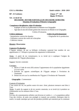 Première page de Histoire-Géographie 2nde A & B — 2e devoir surveillé, 2e semestre (2018-2019) · CEG Le Méridien